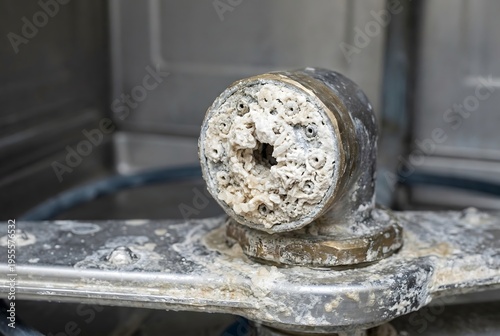 Macro close-up of severe calcium scale clogging a commercial dishwasher spray nozzle