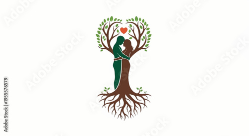 Tree with roots and green leaves hugging trunk symbolizing growth love nature harmony