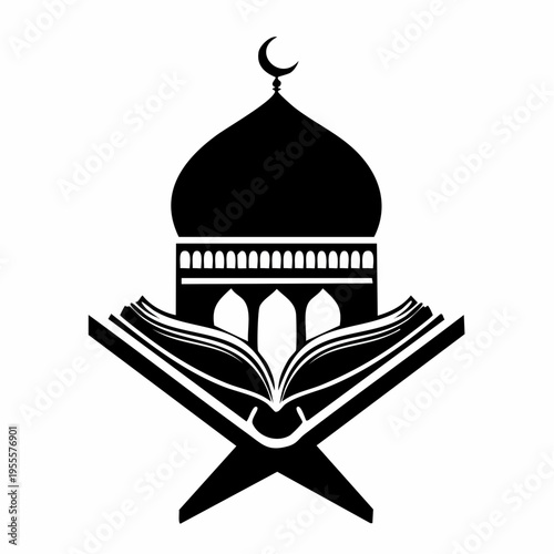 Stylized monochrome emblem combining mosque architecture and an open religious text, embodying spiritual reverence and cultural heritage