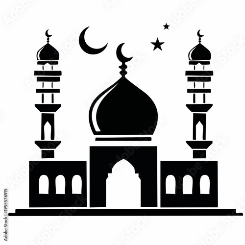 A black and white illustration of a mosque with minarets and a crescent moon and stars in the sky