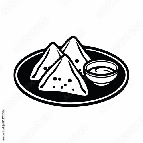 Plate of three triangular samosas served with a small bowl of dipping sauce, a classic Indian appetizer, perfect for snacks and parties