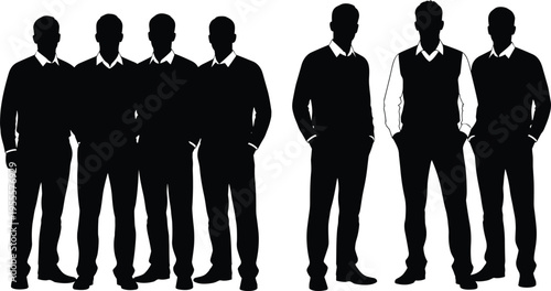Group of men silhouettes standing together, casual and formal outfits, male figures collection, black isolated people on white background