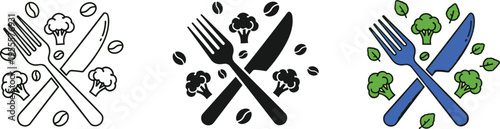Healthy Eating Vector Icon Set Featuring Crossed Fork and Knife with Broccoli and Coffee Beans in Line Art and Silhouette