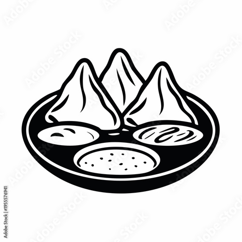 Stylized illustration of traditional sweet dumplings served on a plate with three distinct dipping sauces, depicting authentic culinary culture and festive food