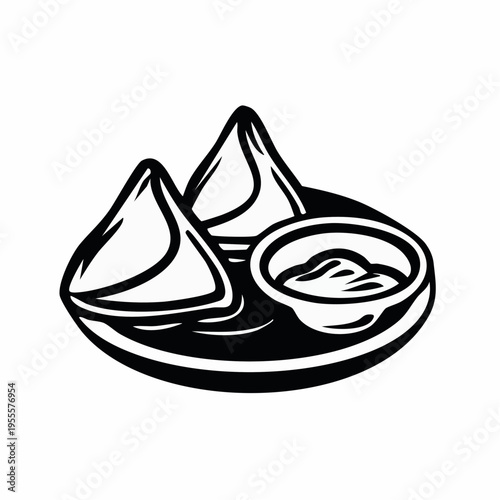 Simple and delicious triangular Indian samosas with a small bowl of dipping sauce on a plate, black and white line art illustration