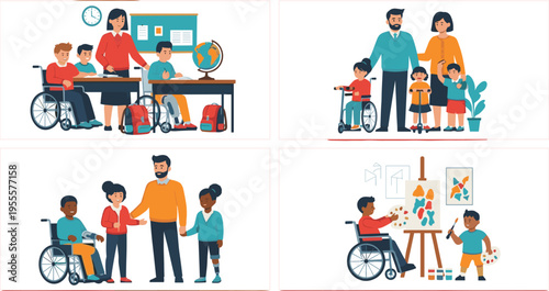 Inclusive Family and School Life Illustrations Featuring Children with Disabilities, Wheelchair Users, Learning, Parenting, and Creative Activities for Diversity Awareness