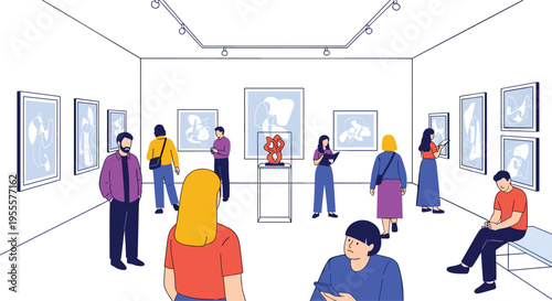 Art Gallery Exhibition Scene with Visitors Viewing Paintings and Sculpture in Modern Museum Interior for Culture and Creative Design