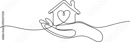 Hand holding house with heart continuous line drawn. Real estate protection concept. Charity symbol. one line Icon drawing