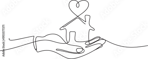 Hand holding house with heart continuous line drawn. Real estate protection concept. Charity symbol. one line Icon drawing