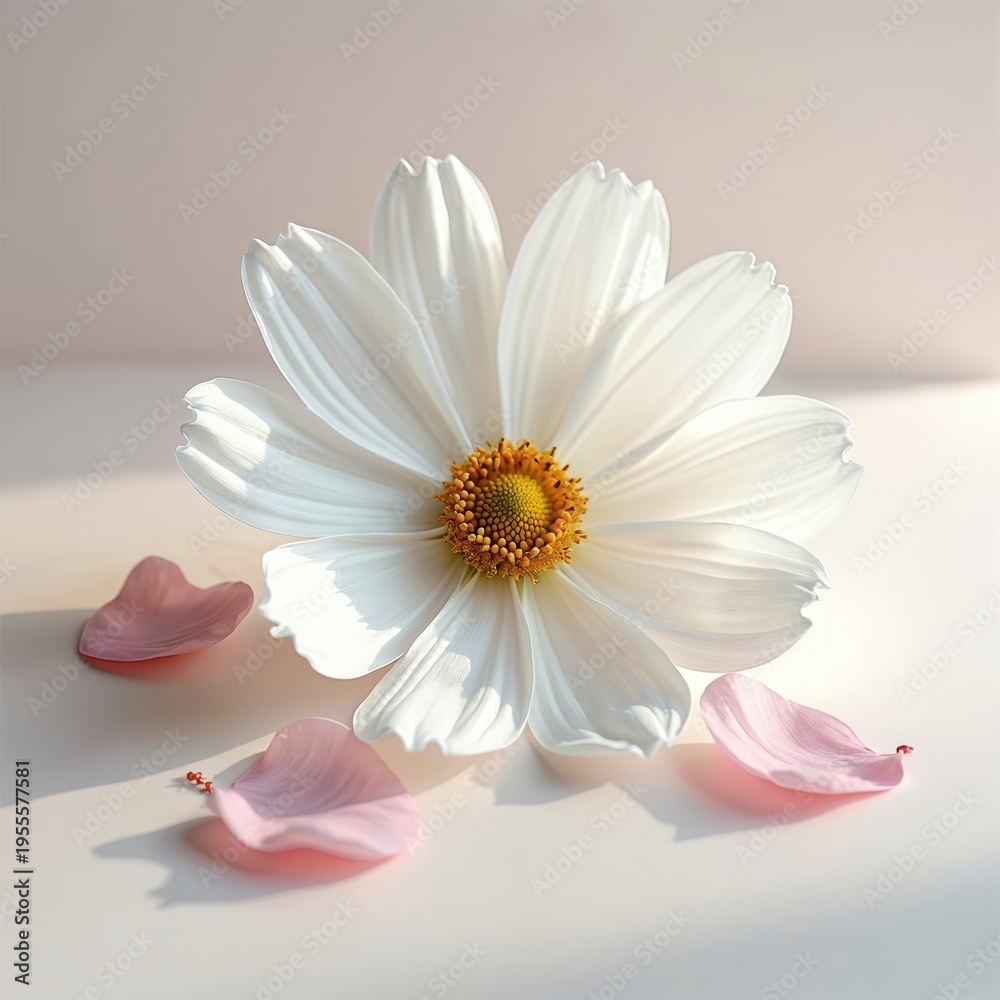 Fototapeta premium Single white cosmos flower with delicate pink petals scattered around. Soft studio lighting illuminates this botanical beauty, perfect for background.