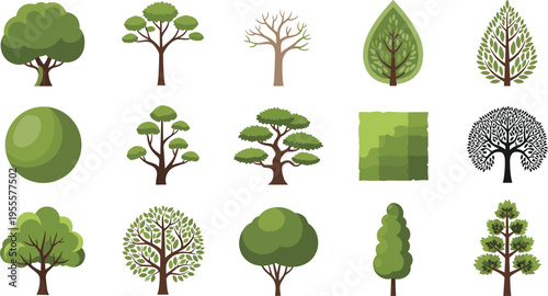 Set of fifteen varied green vector tree icons and illustrations including flat abstract and geometric styles isolated on white background.