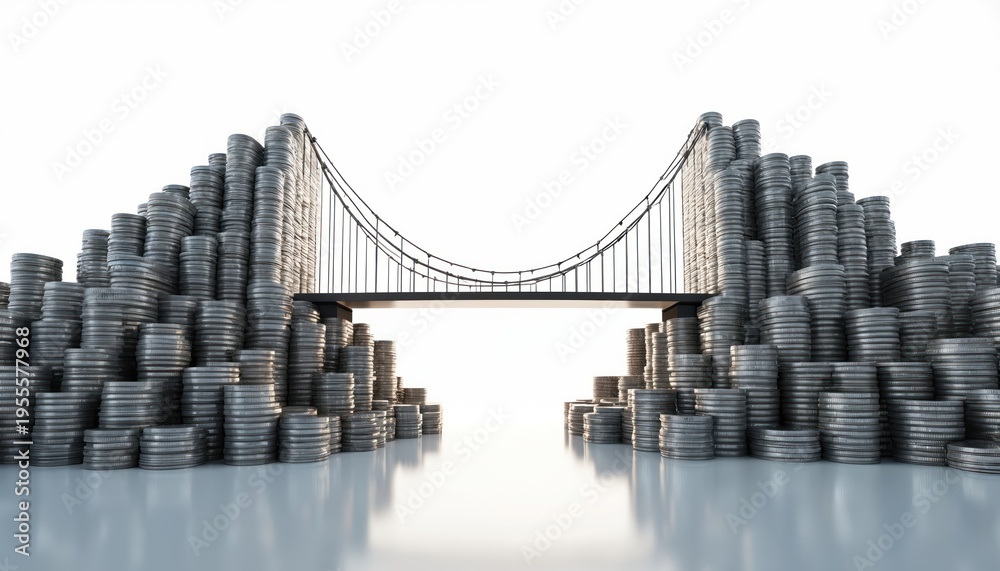Obraz premium Coin stacks form bridge between money piles. Represents financial growth investment and economic success. Concept of wealth accumulation and funding.