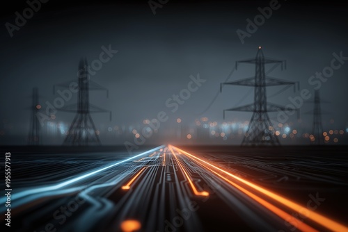 Power grid concept with glowing circuit lines leading toward transmission towers at night