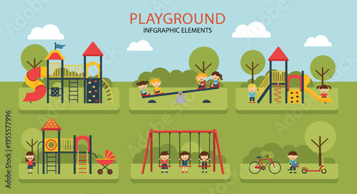 Playground Infographic Featuring Kids on Swings, Slides, Seesaw, Tricycle, and Other Play Structures for Fun and Educational Designs