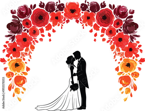 Silhouette illustration of a bride and groom kissing affectionately beneath a decorative floral arch of red and orange blooming roses.