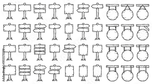 Collection of hand drawn weathered wooden plank and circular signs on posts and hanging offering directional guidance and information
