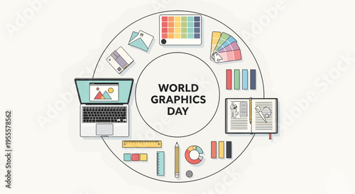 Modern flat illustration celebrating World Graphics Day featuring creative tools such as laptop, color palette, notebook, and design elements arranged in a circular composition.