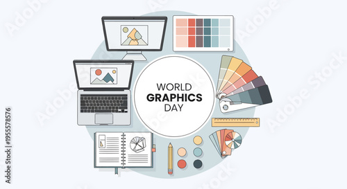 Modern flat illustration celebrating World Graphics Day featuring creative tools such as laptop, color palette, notebook, and design elements arranged in a circular composition.