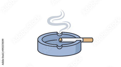 Minimalist flat vector illustration of a burning cigarette placed in an ashtray with soft rising smoke. Clean outline style with muted colors, suitable for anti-smoking campaigns