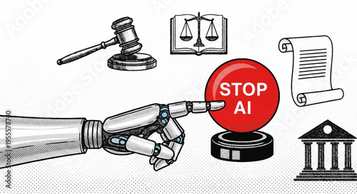 Robot hand stopping ai button with gavel scales scroll and building icons around symbolizing legal intervention