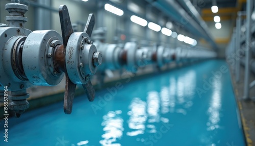 Industrial water purification system with series of pumps, filters. Clean blue liquid flows through pipes. Automated machinery monitors, controls water quality for public use. Modern infrastructure.