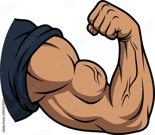 Cartoon muscular male human arm flexing bicep.