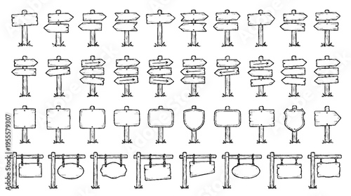 Rustic trail marker doodle set with assorted directional signs on white background for hiking and outdoor activities