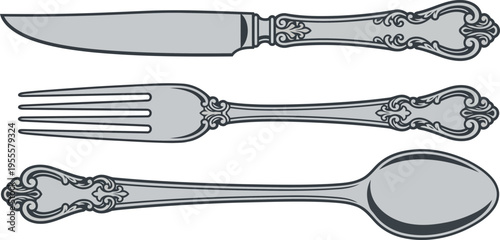 Antique silver cutlery flatware set knife fork and spoon.