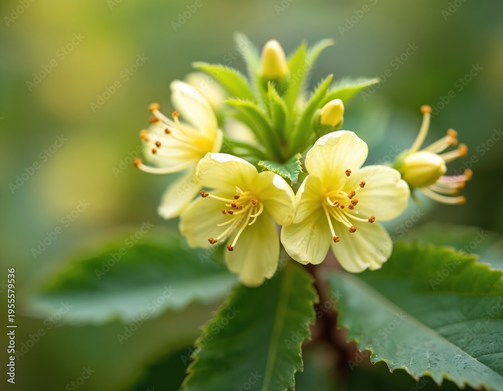 Fototapeta premium Close-up of light yellow honeysuckle flowers blooming on green leafy branch. Small buds and petals show delicate details with soft focus background. Nature detail.