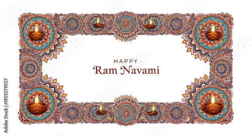 Digital illustration of a Happy Ram Navami greeting card with intricate traditional Indian designs and lit diyas on a colorful background.