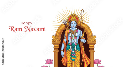 Illustration of Lord Rama on a throne with a halo, celebrating Happy Ram Navami with vibrant orange and pink hues against a white background.