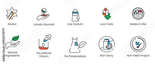 Kosher diet and natural food origin label vector line icon set, featuring locally sourced, low-sodium, low-carb, and Made in USA badges for grocery packaging.