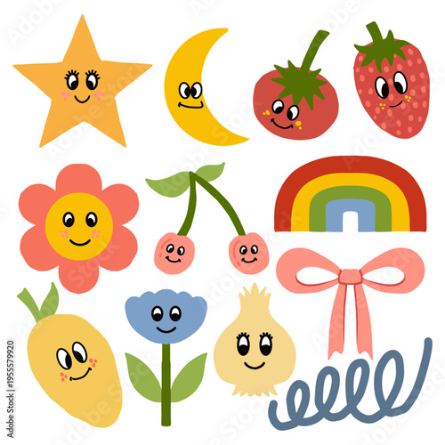 Set of cute retro character doodles with funny faces vector illustration. Kawaii style fruit and nature sticker collection with smiley faces