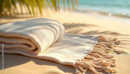 Pale beige beach towel lies on sand near ocean. Palm leaf shadow falls on folded textile. Gentle waves lap shore. Relaxing vacation vibes invite calm repose.