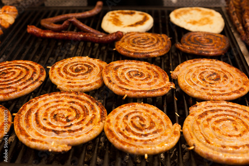 Grilled coiled sausages