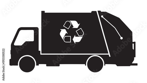 Electric Garbage Truck with Recycling Symbol Icon — Minimal Black-and-White Solid Silhouette Vector, Isolated on White