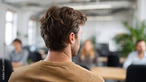 Rear view of a man in a brown sweater focusing on a meeting with blurred colleagues in a modern office