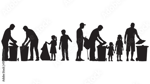 Citizen Group Cleaning Park Litter into Bins Icon — Community Cleanup Minimal Black-and-White Solid Silhouette Vector, Isolated on White