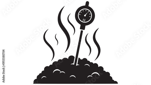 Compost Thermometer in Steaming Compost Heap Icon — Minimal Black-and-White Solid Silhouette Vector, Isolated on White