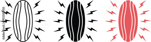 Set of three minimalist human muscle icons with pain symbols in outline solid and red styles for myalgia orthopedic health physical therapy and anatomy education concepts isolated on white.