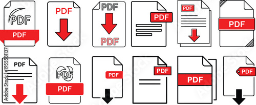 PDF Document Icon Set – File Format, Download, Upload and Digital Document Vector Collection