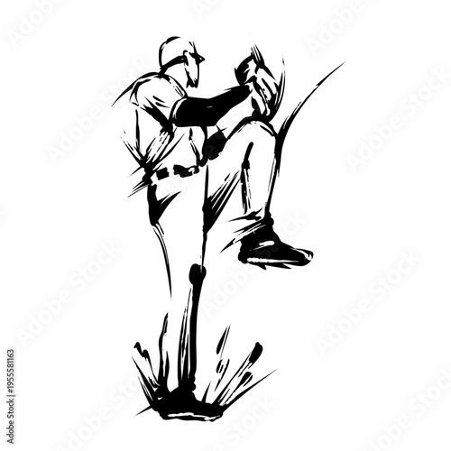 野球のピッチャーの墨絵イラスト