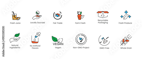 Ethical sourcing and eco-friendly food label vector line icons, including fair trade, locally sourced, non-GMO, vegan, and recyclable packaging symbols for sustainable brand design.