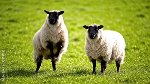 Two sheep running in a green field.