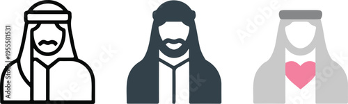 Set of three minimalist icons showing Arab men in traditional clothing including Kandura and Ghutra for Middle Eastern culture business and professional diversity concepts isolated on white.