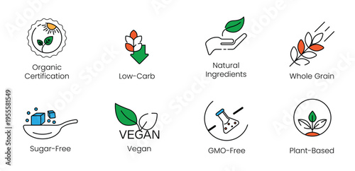 Dietary nutrition and clean eating vector line icon set, highlighting low-carb, sugar-free, vegan, GMO-free, and organic certification badges for healthy food and grocery labels.