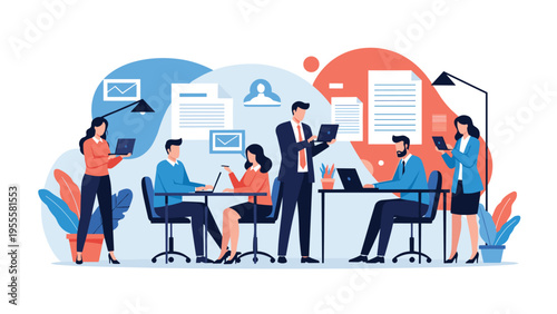 People working collaboratively in a modern co-working space with laptops and documents, illustrating a productive office atmosphere.