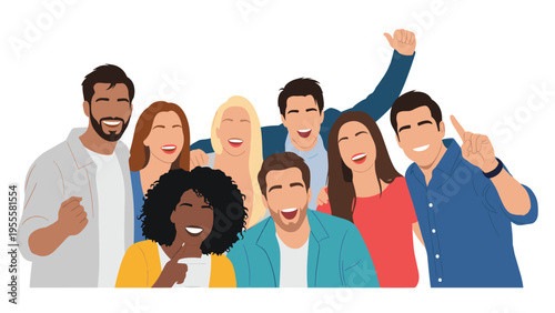 Group of diverse happy friends posing together for a photo, expressing joy and unity with cheerful smiles and enthusiastic gestures.