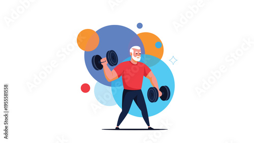 Active senior man with white hair and a beard works out with heavy dumbbells against a background of colorful abstract geometric shapes.
