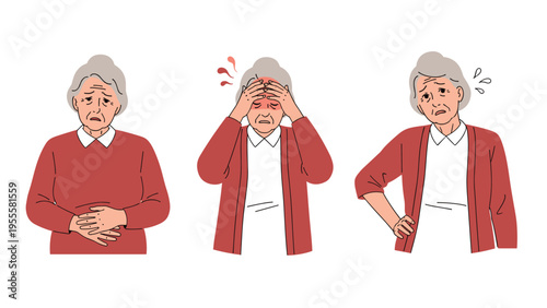 Set of illustrations depicting an elderly woman suffering from various physical ailments including stomach pain, headache, and backache.